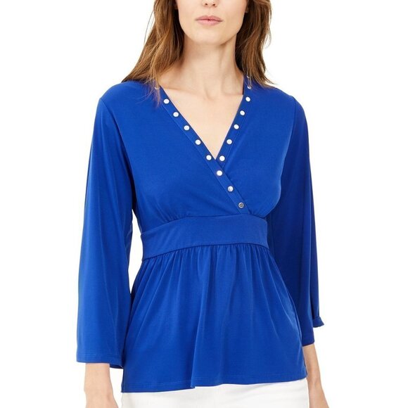 𝅺a132 Michael Kors Blue Embellished V-Neck Top - L - Picture 1 of 3